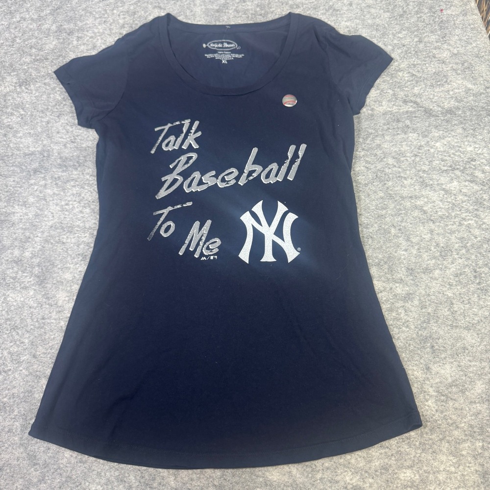 Majestic Threads Womens New York Yankees Talk Baseball To Me Navy Blue Tee XL